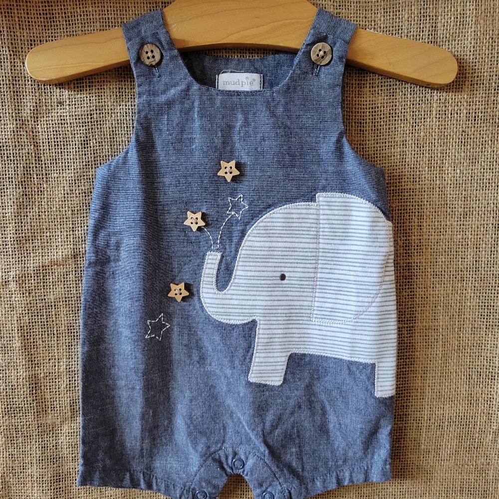 MUD PIE Blue Chambray Elephant Romper 0-3 months - Picture 4 of 6